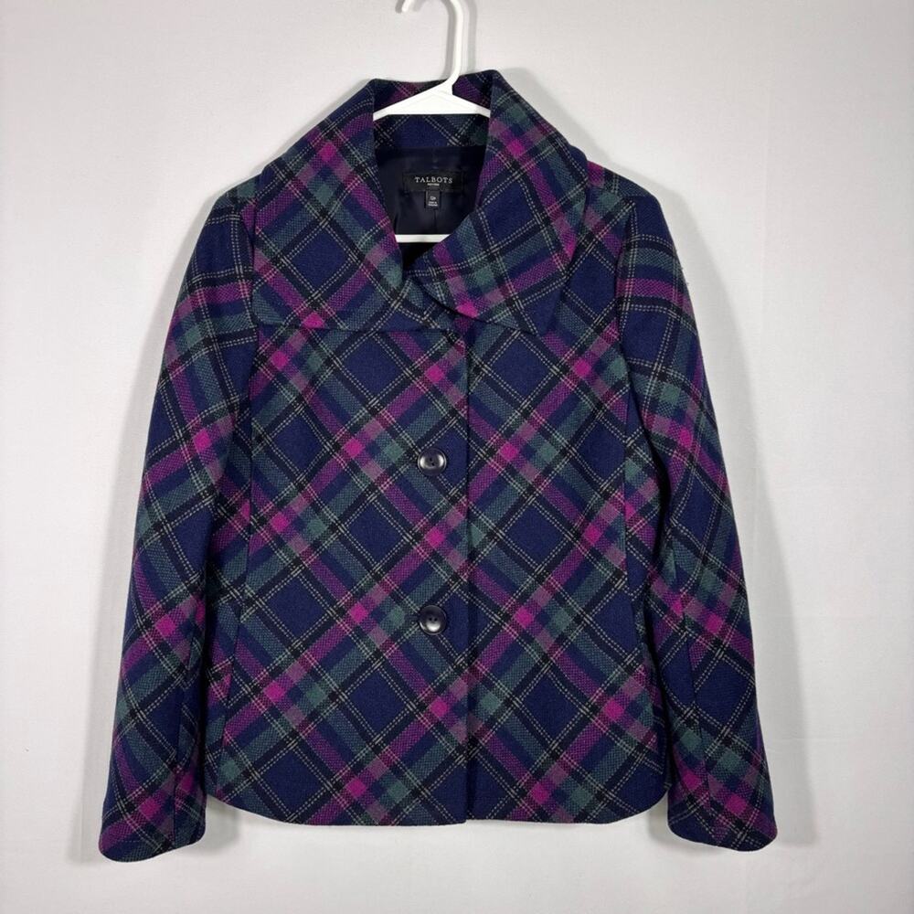 Talbots Navy & Pink Tartan Plaid Wool Pea Coat Size 12P T1